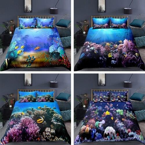 Fashion 3D Underwater World Marine Organisms Design Pattern Bedding Sets Duvet Cover+Pillowcase Single Twin Queen King Bed Set
