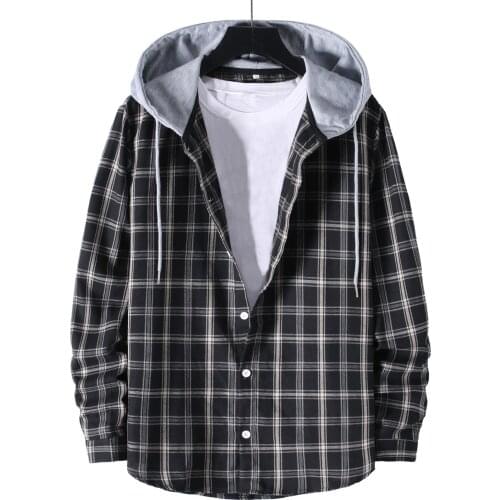 2021 Men Casual Plaid Shirt Long Sleeved hooded Blouses Design Fashion Shirts Button Autumn Streetwear Cardigan Oversized Shirts