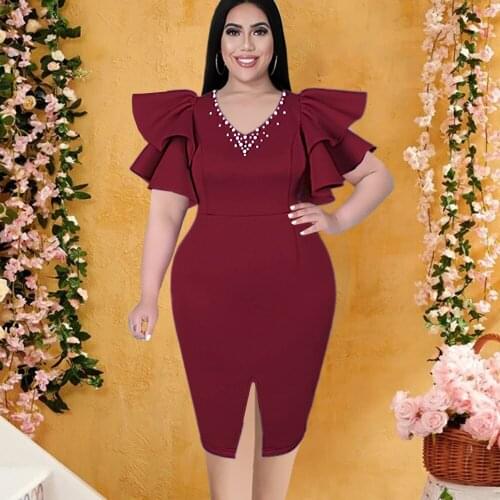 Plus Size Bodycon Dresses Sexy V Neck Beading Cascading Ruffle Sleeve Knee Length Slit Tunics Ladies Wedding Club Party Dresses