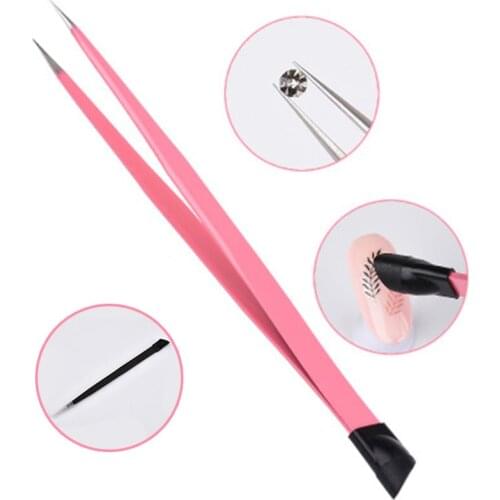 2 heads Straight Nail Tweezers with Silicone Pressing Head for 3D Sticker Rhinestones Water Sticker Picker Metal Nails Tools
