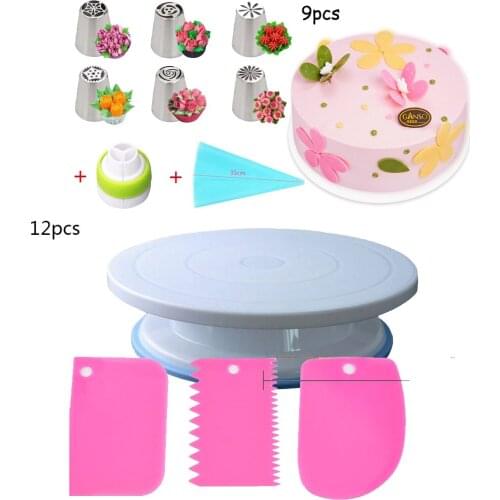 12PCs/Set 10 Inch Plastic Cake Turntable Rotating Cake Plastic Dough Knife Decorating Cream Cakes Stand Cake Rotary Table