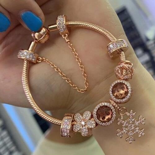 Real 925 Sterling Silver Rose Gold Snowflake Pendant With Round Buckle Bracelet Fit Original Pan Charm Diy Jewelry