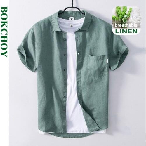 2021 Summer And Spring New Men Linen Breathable Half Sleeve Shirt Casual Pure Color Short Sleeve Black Navy Workwear GC-L875