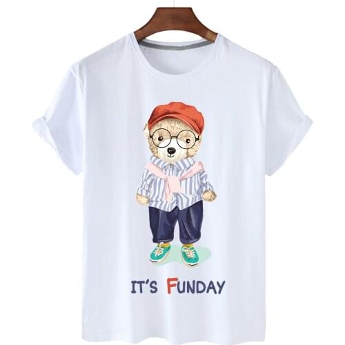 Pure Cotton Sports Gentleman Bear Print Short-sleeved O-neck Loose Casual Top T-shirt Female Oversized T-shirt Half Sleeve S-3XL