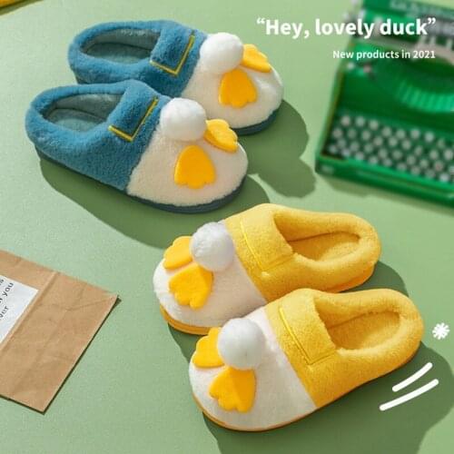 Cartoon Duck Home Women Men Warm Slippers Winter Plush Indoor Bedroom Cotton Shoes Non-slip Ladies Lovers Furry Faux Fur Slides