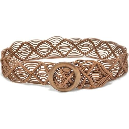 Vintage Wide Bohemian Belts For Women Round Wood Buckle Woven Braided Rope Belt Female Casual Crochet Boho Dress Waistband