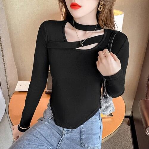 WWENN Korean Top Womens Clothing Spring Solid Hollow Out Tshirt Sexy V Neck Long Sleeve T-shirt Women Black Blue Tee Shirt Femme