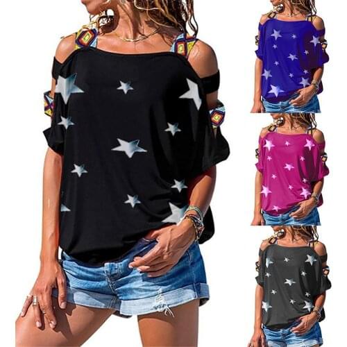 Summer t shirt women 2021 fashion Sexy Stars Print Hollow Out Short Sleeve Cold Shoulder T-shirt Top Women clothing Female Tops