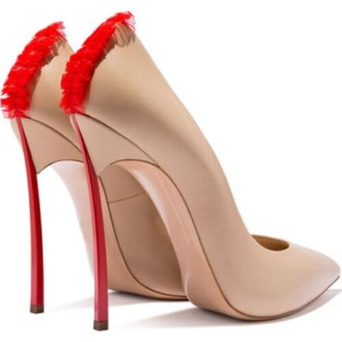 Ladies Pleated Ruffles Tassel Back Pumps Sexy Blade Heels Wedding Shoes Female Pointed toe Metallic High heels Zapatos Mujer