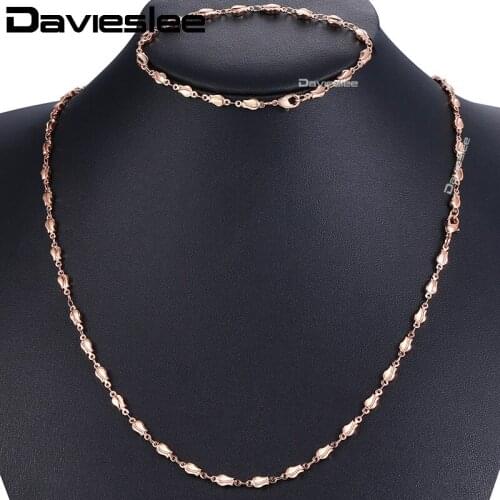 Davieslee Rose Gold Bracelet Neckalce Jewelry Set For Women Tulip Bud Beads Chain Wholesale Woman Jewelry 2018 Gifts 4mm DGS256