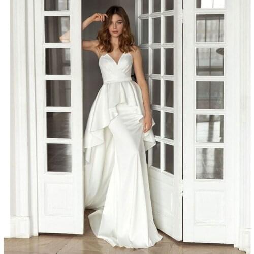 Boho Sweetheart Wedding Dress Mermaid V-Neck Sleeveless Satin Bridal Gowns Zipper Backless Brides Dress With Detachable Train