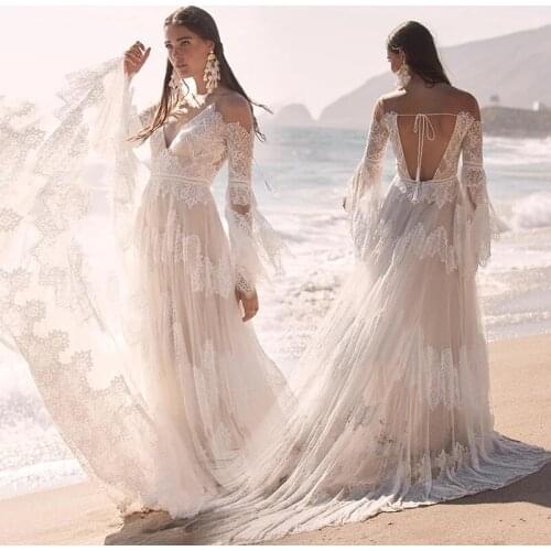 New Boho Summer Beach 2021 Bridal Wedding Dresses Lace Long Sleeves V Neckline Wedding Gowns for Bride Back Out Court Train