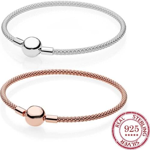 100% 925 Sterling Silver Sparkling Stars Rose Gold Wire Mesh Braided Charm Bangle Bracelet Fit Pandoraer Charms Diy Jewelry
