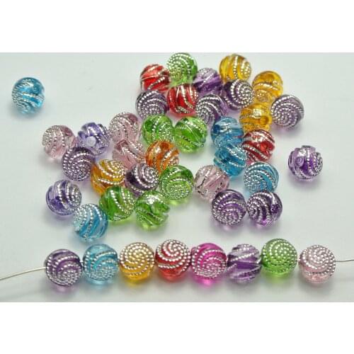 200 Mixed Color Sparkling Spiral Silver Dots Acrylic Round Beads 8mm