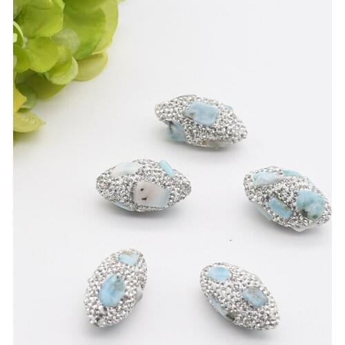5pcs/lot 15x30mm High Quality Light Blue Larimar Beads Trimmed With Crystal Zircon