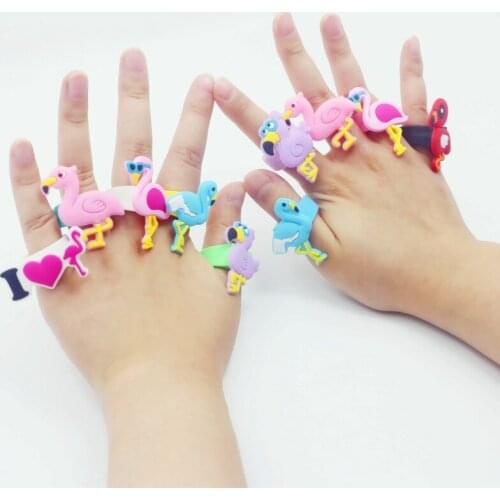 6pcs Silicone Cartoon Flamingo Finger Rings Jewelry Toys for Hawaiian Party Decoration Wedding Birthday Kids Gifts