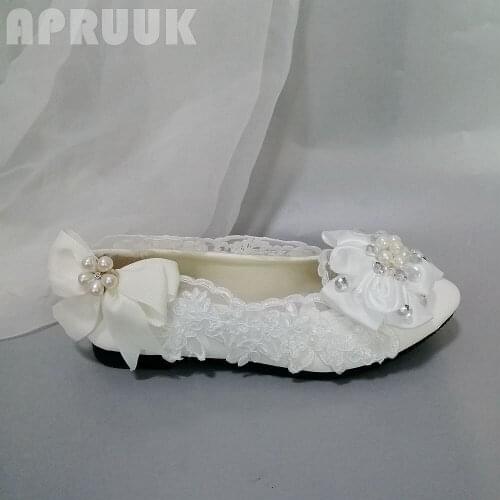 White lace flats shoes flower ornament ladies party bridal bridesmaid wedding plus size shoes womens ladies girl party flats