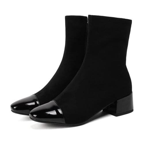 Big Size 11 12 13 Suede-faced square-headed boots with thick heels, short barrel side zipper stretch cloth Martin boots