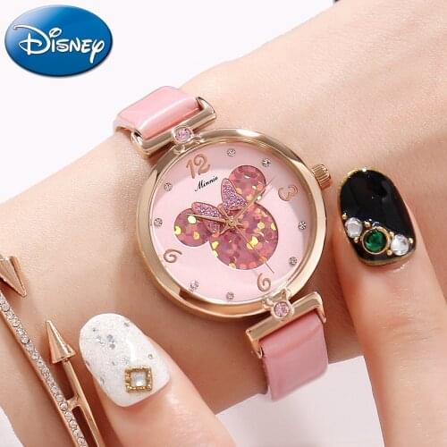Pretty Girls Minnie Mouse Luxury Bling Crystal Leather Quartz Watches Women Beautiful Bow Little Disney Watch Water resistant