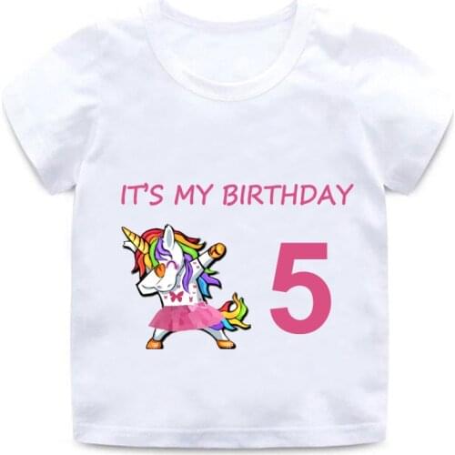 Children Unicorn Cartoon T-shirt Girl Happy Birthday 1-9 Print Short Sleeve Cotton Round Neck T-Shirt Best Birthday Gift Funny