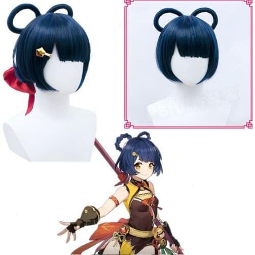Genshin Impact Xiang Ling Blue Braid Cute Short Heat Resistant Synthetic Hair Carnival Halloween Party Cosplay + Free Wig Cap