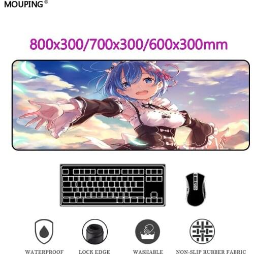 Rem Mouse Pad Gamer Keyboard Blue Mousepad Anime Girl Desk Mat Carpet Gaming Accessories Rug Computer Table 800x300 DropShipping