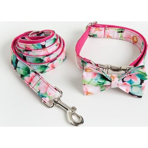 Cute Flower Pattern Dog Collar And Leash Set Small And Large Dog Collar With The Bow Adjustable Printing Pet Walking Leads