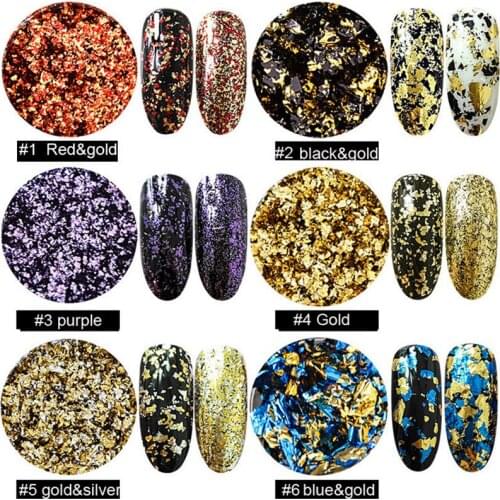 6 Jar Nail Art Foil Paper Set Aluminum Flakes Mirror Effect DIY Nail Foil Sticker Glue Powders Irregular Sequins Chrome Pigment