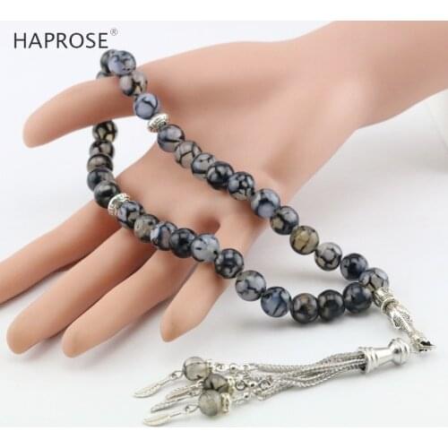 HAPROSE 2018 New natural black stripe agate bracelet Round Shape 10mm 33 beads Prayer Islamic Muslim Tasbih black stripe agate