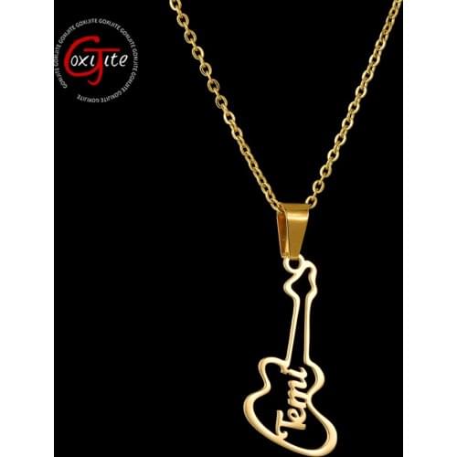 Goxijite Stainless Steel Name Necklace For Women Kid Gold Guitar Letter Name Pendant Necklaces Jewelry Accessaris