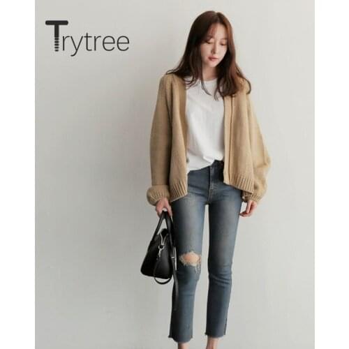 Trytree 2020 Autumn Winter Women Coat Casual Cardigans Loose Solid Knitting Vintage 2 Color Fashion All-Purpose Style Coat Top