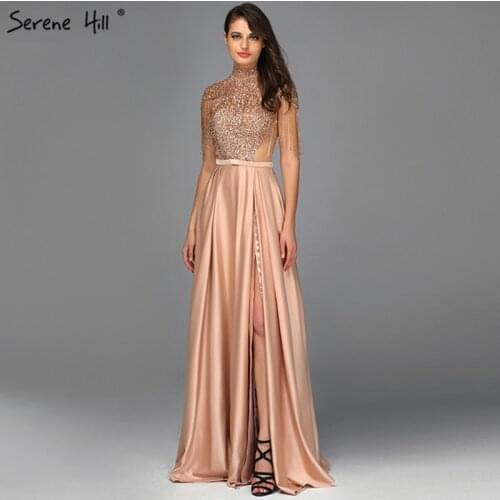 2020 Latest Design Sleeveless Tassel Beading Prom Gowns with Split Dubai Gold High Neck Sparkle Prom Dress Serene Hill BLA60998