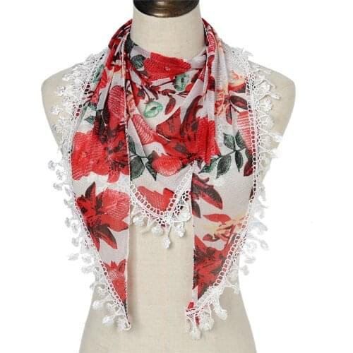 Women Fashion Triangle Scarf African Floral Lace Chain Summer Thin Scarves Chiffon Silk Wrap Pashmina Stole Foulard Hijab Sjaal