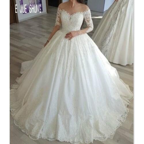 E JUE SHUNG Modern Sheer Neck Ball Gown Wedding Dresses Long Sleeve Lace Up Back Appliques Bride Bridal Gowns Vestidos De Noiva