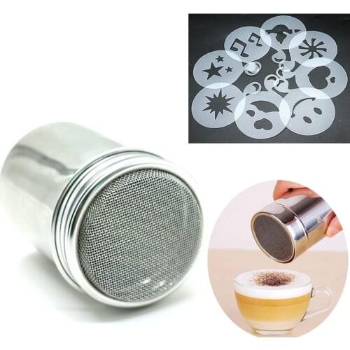 Stainless Chocolate Shaker Sugar Salt Cocoa Flour Coffee Strainer + 16pcs Cappuccino Coffee Stencils Template Duster Spray Art
