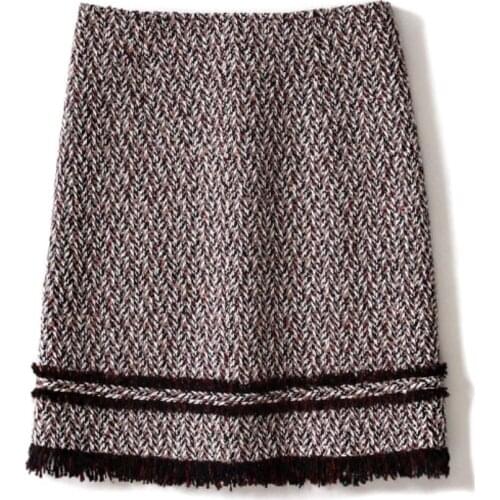 Autumn winter vintage woolen tweed skirt women digital embroidery knitting small fragrance A-line bag hip skirt