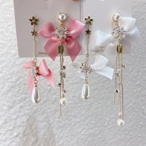 2020 New Korean Fashion Long-style Asymmetric Earrings For Women Elegant Yarn Bowknot Simulation Pearl Tassels Eardrop