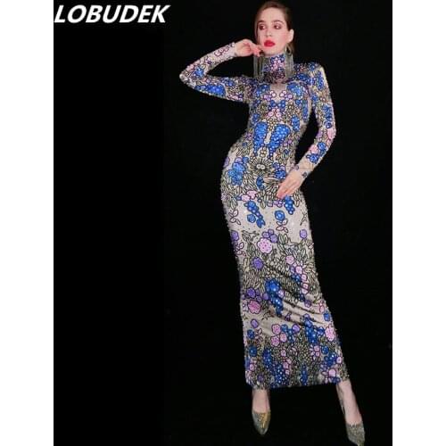 Women Singer Host Stage Costume Multi-color Flowers Rhinestones Long Sleeve Skinny Dress Vintage Fashion Birthday Party Outfit
