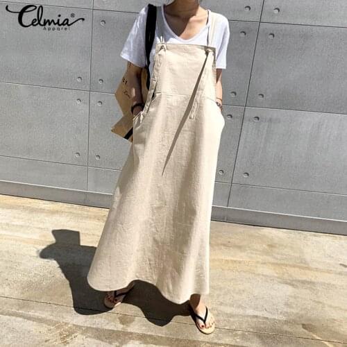 S- Women Fashion Sleeveless Maxi Dress Celmia 2021 Vintage Linen Strappy Casual Loose Long Vestidos Female Solid Work Robe 7