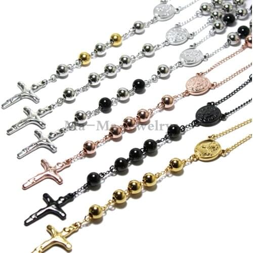 4/6/8mm 316L Stainless Steel Rosary Chain Beads Mens Womens Cross Chain Necklace