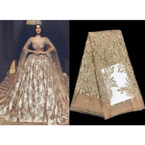 5 Yards African Lace Fabric, Gorgeous Sequins Leaf Tulle Mesh Lace Fabric, Gold Lace Fabric, French Net Lace Fabric