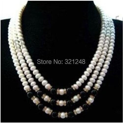7-8mm natural white freshwater cultured pearl black carnelian round beads necklace for women high grade 17-19inch BV35