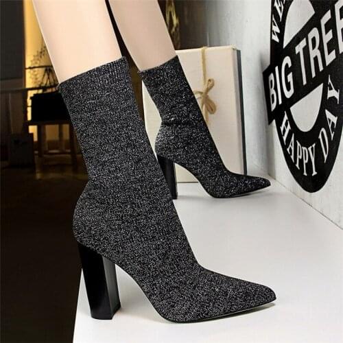 Sock Boots High Heels Boots Women Glitter Autumn Women Shoes Knitting Sexy Boots Designer Shoes Women Luxury 2020 Tacones Mujer