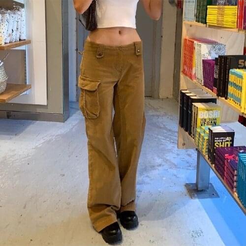 Y2k Pants Grunge Corduroy Brown Low Waisted Baggy Pockets Cargo Pants Capris 90s Outfits Vintage Streetwear Woman Long Trousers
