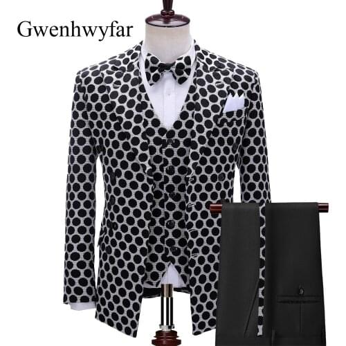 Gwenhwyfar Double Breasted Dot Pattern Tuxedos for Mens Wedding Groom Best Men Elegant Suits Blazer V-neck Vest Slim Fit Pants