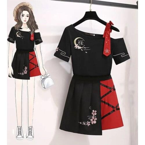 Skirts Sets Large Size Womens Clothing Fat Sister Summer Suit 2021 New Reddish Black Hanfu Style Top Dress Two 2 Piece Outfits