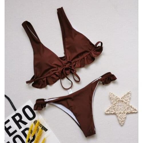 2021 Hot European and American sexy Bikini solid color Ruffle gathered sexy Swimsuit split womens Swimsuit free shipping