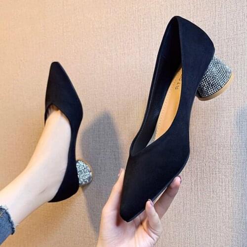 Miaoguan Office Lady Shoes Pointed Toe Pumps Crystal Heels Dress Shoes Faux Suede Boat Shoes Woman Rhinestone Pump zapatos mujer