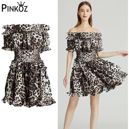 Pinkoz new fashion Spring Summer Leopard Print Ruffled Mini Dress Off-shoulder Highwaisted Elastic Ruched Holiday Dresses Robe