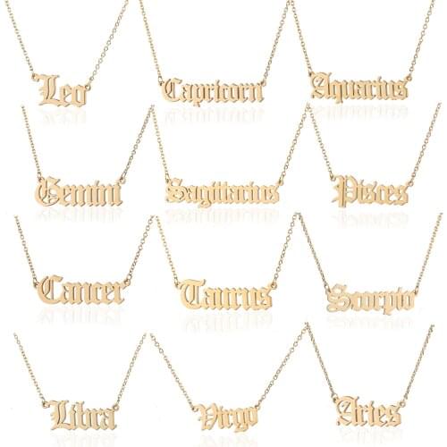 Stainless Steel 12 Zodiac Sign Letters Pendant Necklace Female Constellation Necklaces Pendant Charm Gold Chain Jewelry Gift